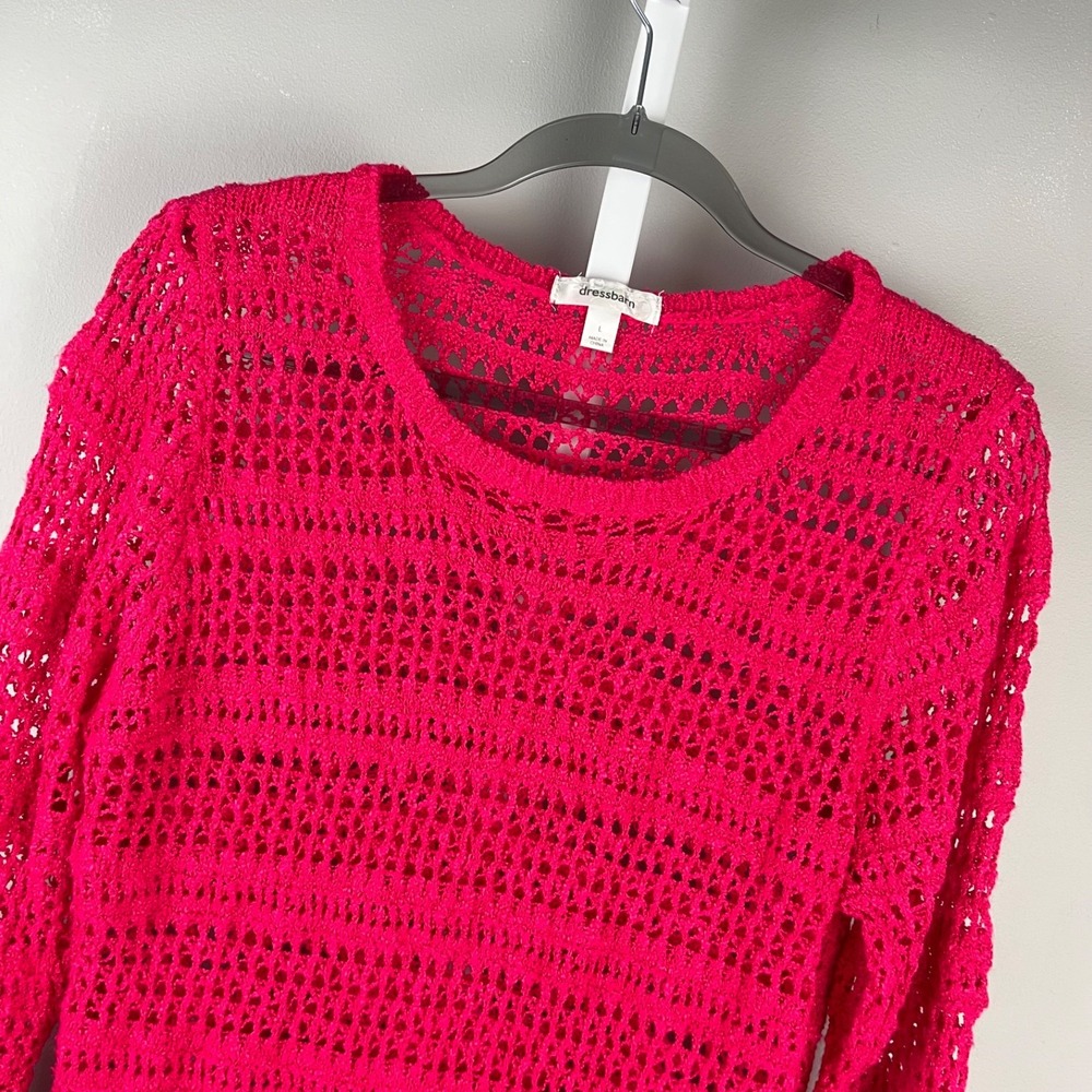 Dressbarn Open Knit Sweater Top Womens L Magenta Pink Y2K Boho Pullover